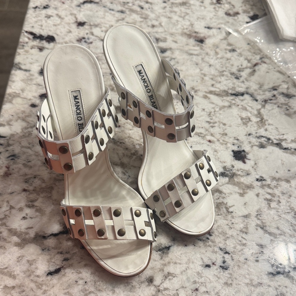 Manolo Blahnik White Leather Studded Sandals